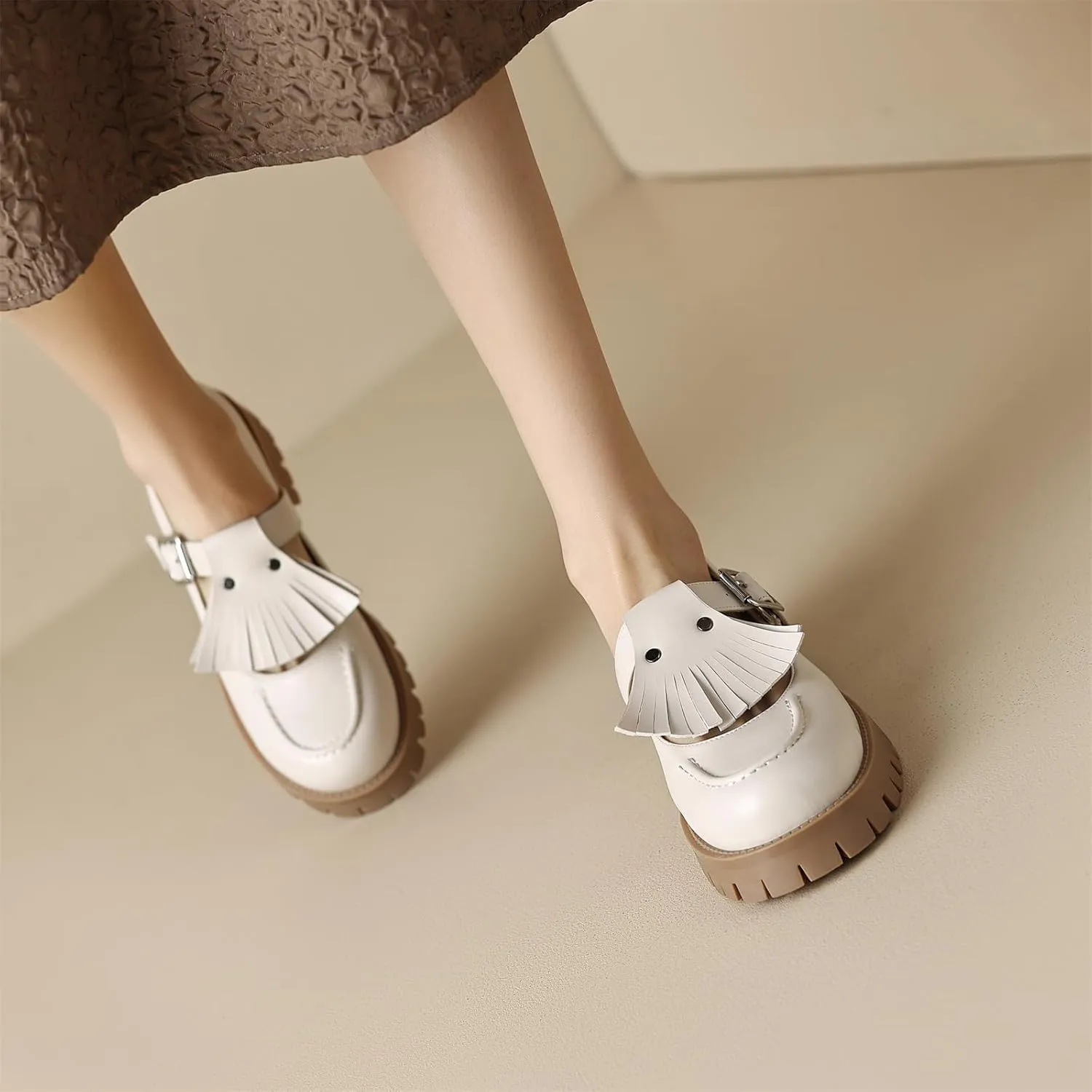 Women's Platform Tassels Round Closed Toe Pump Loafers Adjustable Buckle Comfortable Chunky Mid Heel Office Work Casual Fashion Business Dress Shoes All Weather Daily Wear Flats