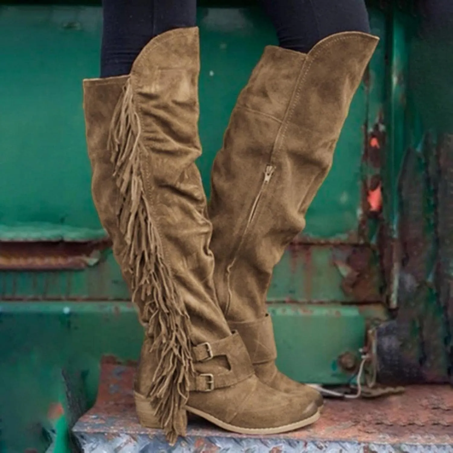 Women's Winter Round Toe Zipper Over The Knee Boots Warm Fringe Knee High Boots Outdoor Retro Chunky Heel Pull On Boot