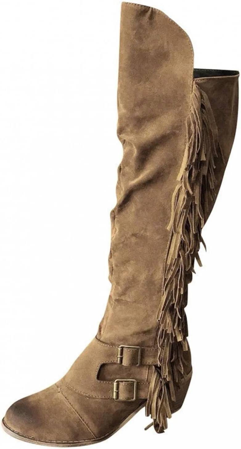 Women's Winter Round Toe Zipper Over The Knee Boots Warm Fringe Knee High Boots Outdoor Retro Chunky Heel Pull On Boot