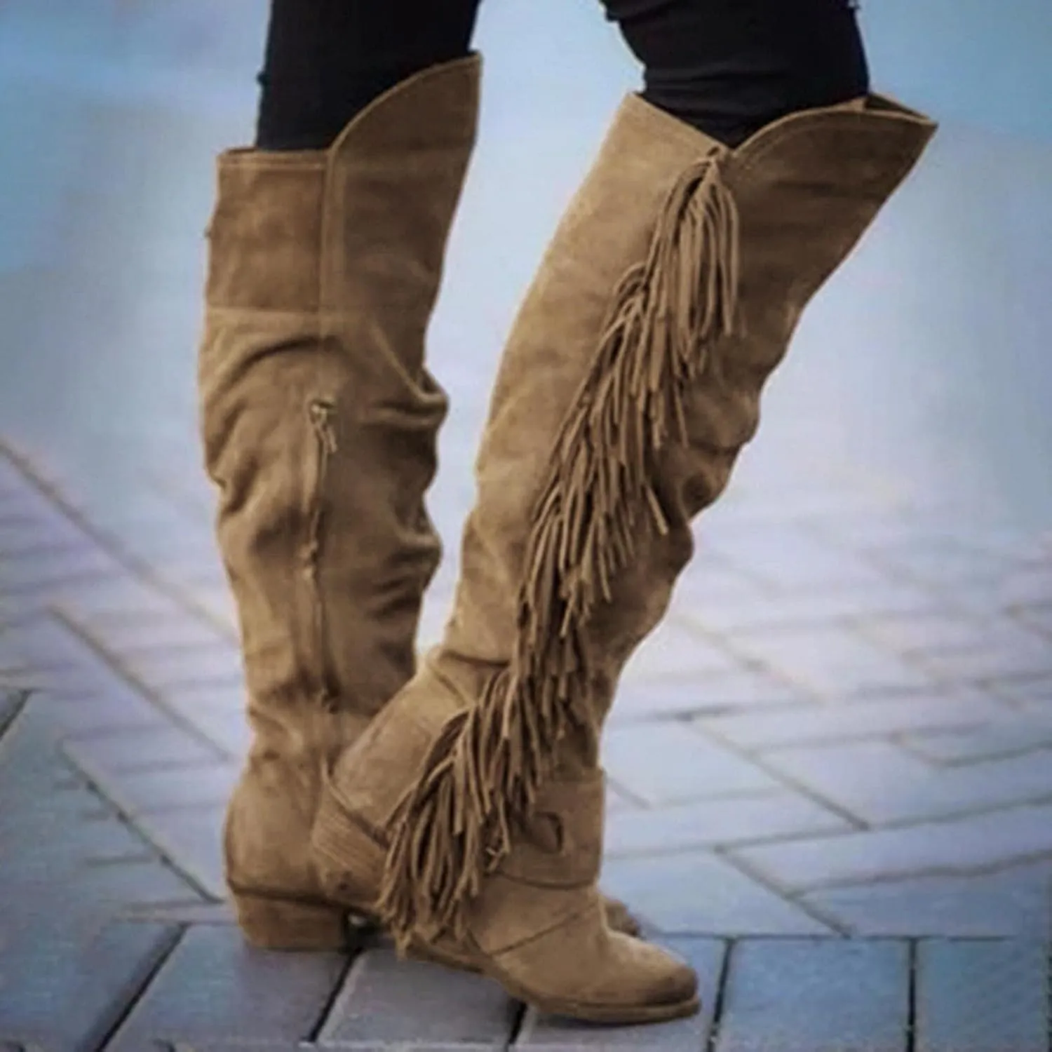 Women's Winter Round Toe Zipper Over The Knee Boots Warm Fringe Knee High Boots Outdoor Retro Chunky Heel Pull On Boot