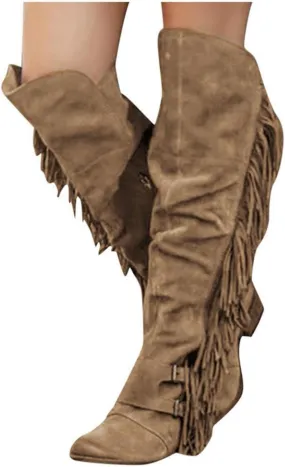 Women's Winter Round Toe Zipper Over The Knee Boots Warm Fringe Knee High Boots Outdoor Retro Chunky Heel Pull On Boot