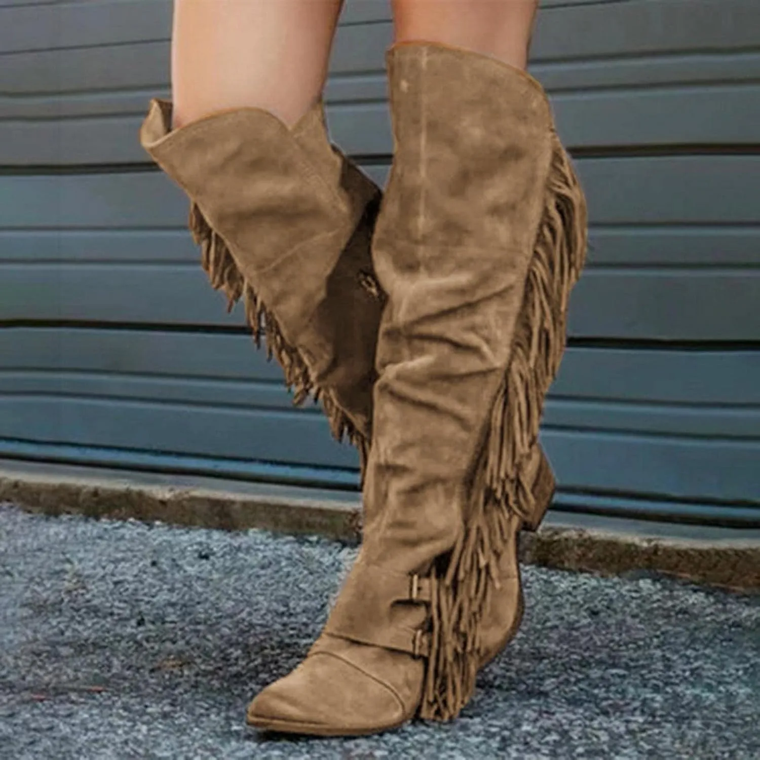 Women's Winter Round Toe Zipper Over The Knee Boots Warm Fringe Knee High Boots Outdoor Retro Chunky Heel Pull On Boot